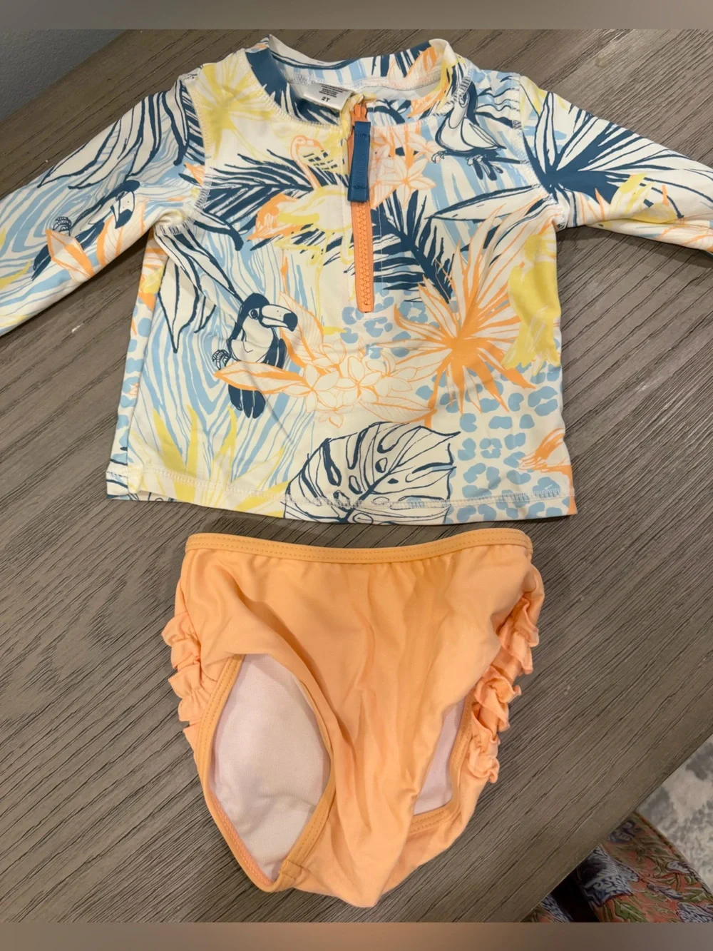 Ruffle Butts Peach and Multi Tropical Long-Sleeve Swim Set